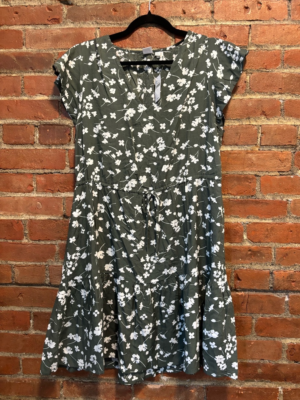 NWT GAP Olive Green Floral Mini Dress with White Flower Print